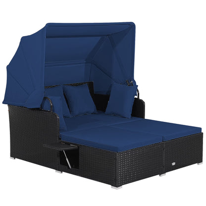 Patio Rattan Daybed Lounge Retractable Top Canopy Side Tables Cushions Navy