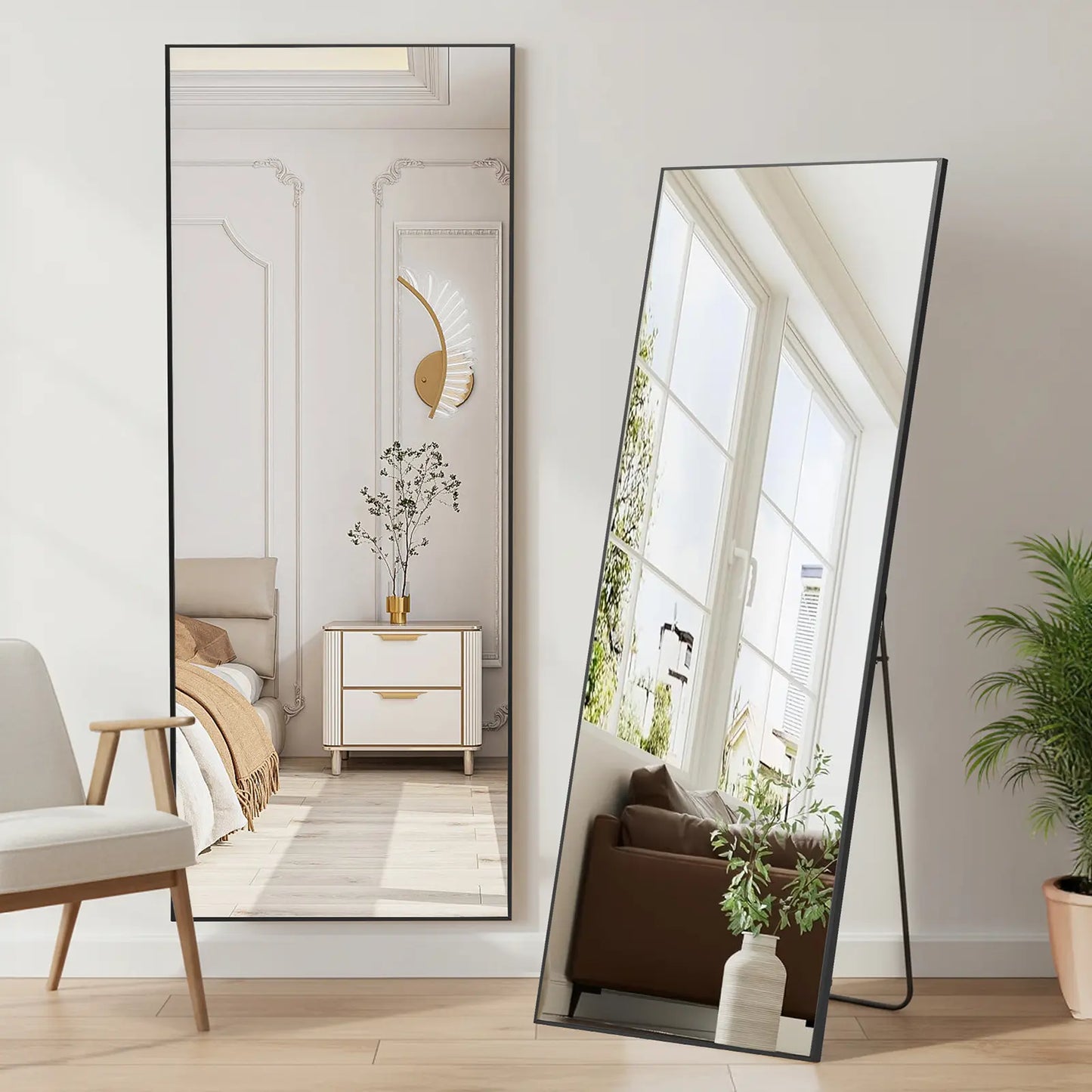 Full Length Mirror, Floor Standing Mirror with Stand, Wall Aluminum Alloy Thin Frame Hanging or Leaning for Living Room Bedroom Cloakroom Decorating