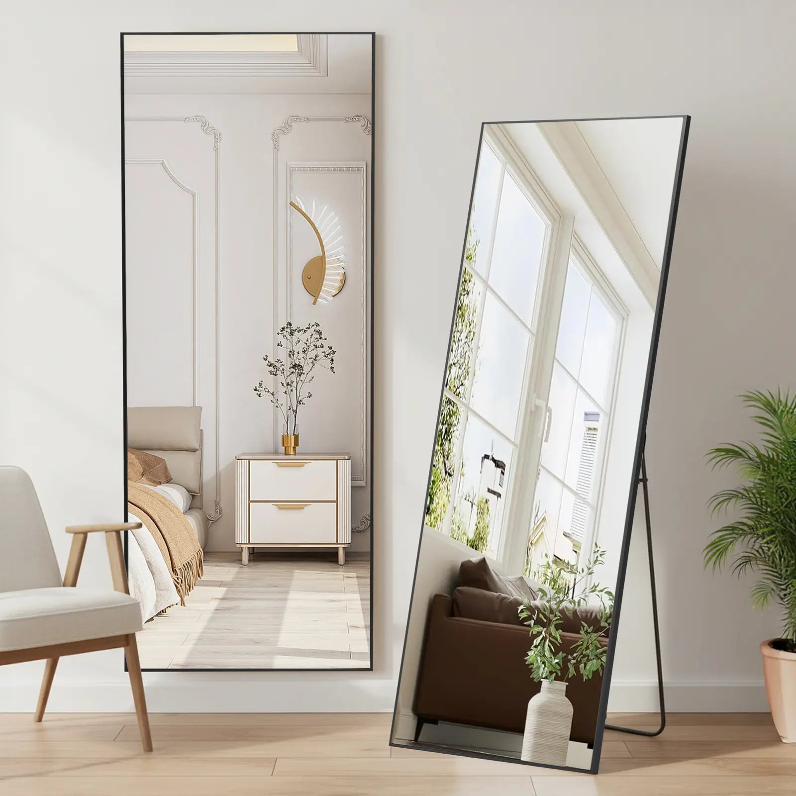 Full Length Mirror, Floor Standing Mirror with Stand, Wall Aluminum Alloy Thin Frame Hanging or Leaning for Living Room Bedroom Cloakroom Decorating
