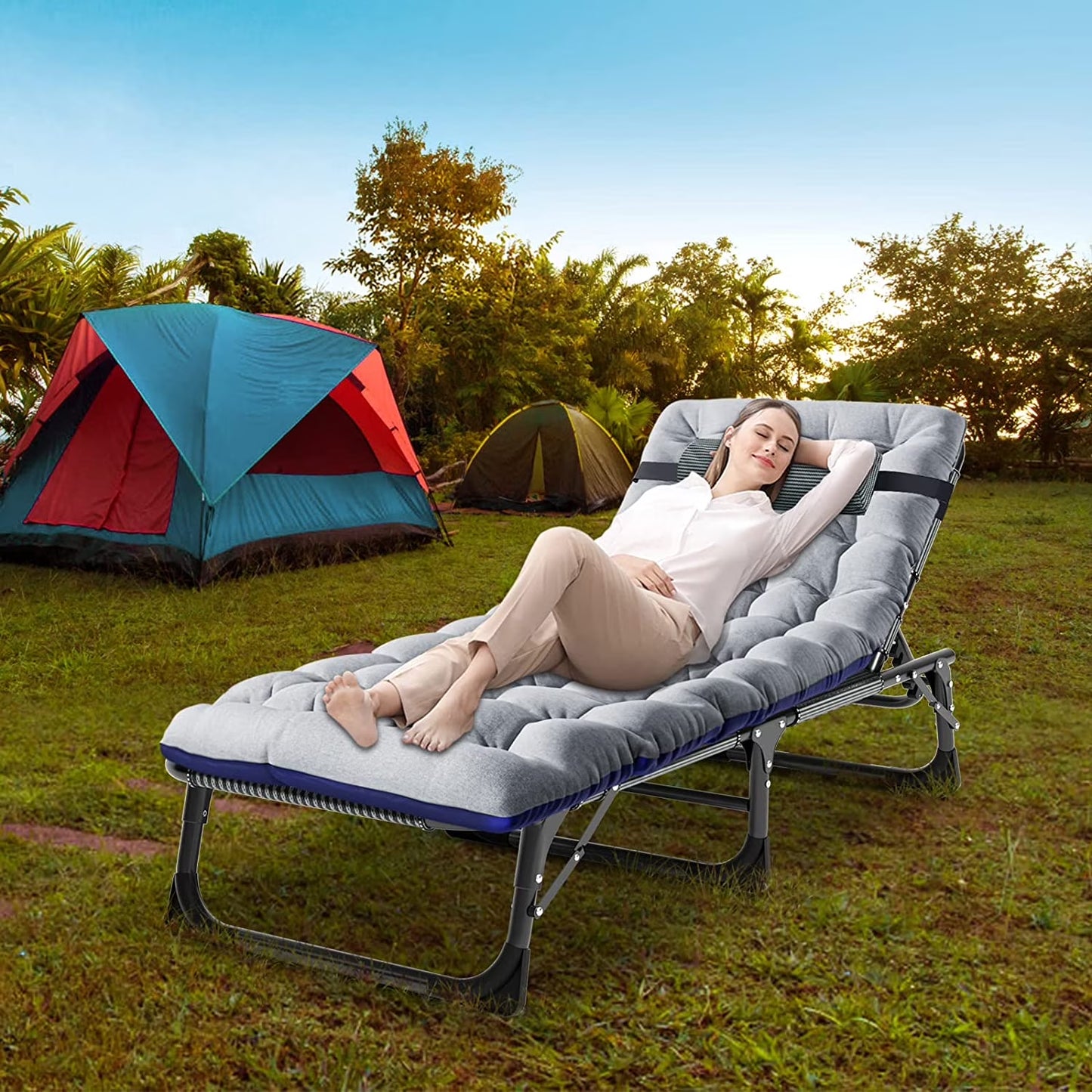 Folding Chaise Lounge Chair 5-Position, Folding Cot, Heavy Duty Patio Chaise Lounges for Outside, Poolside, Beach, Lawn, Camping