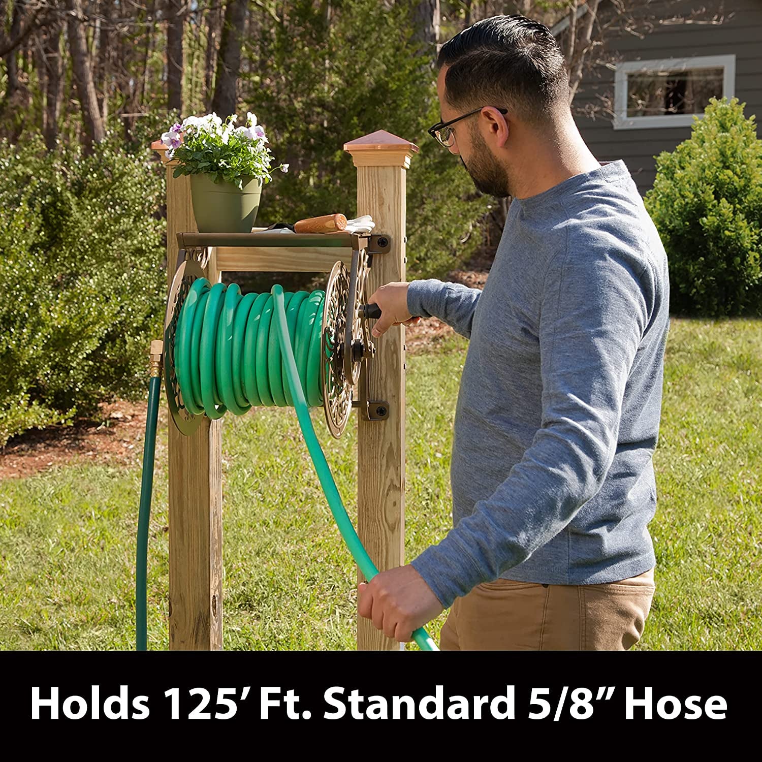 704 Decorative Cast Aluminum Wall Mount Garden Hose Reel, Holds 125-Feet of 5/8-Inch Hose - Bronze