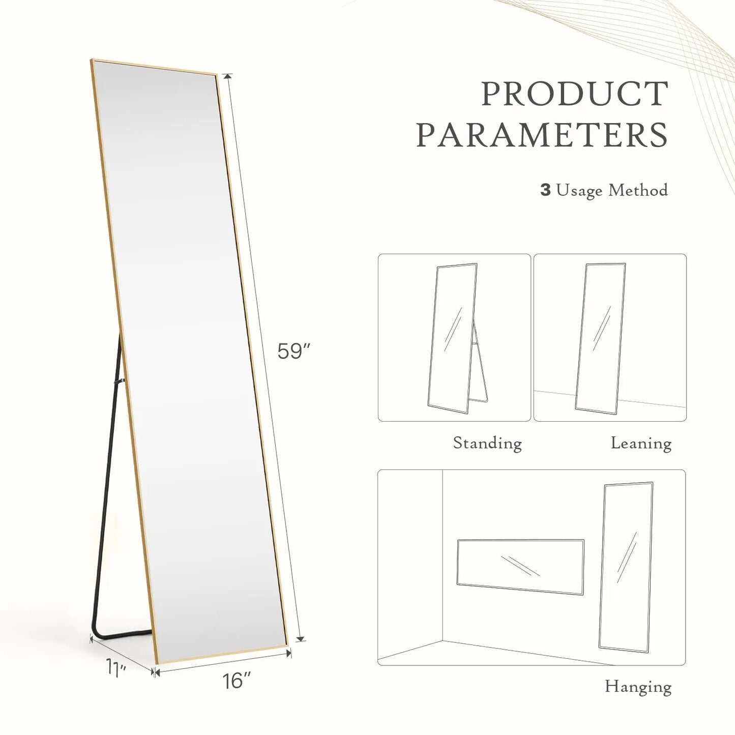 Full Length Mirror, Floor Standing Mirror with Stand, Wall Aluminum Alloy Thin Frame Hanging or Leaning for Living Room Bedroom Cloakroom Decorating
