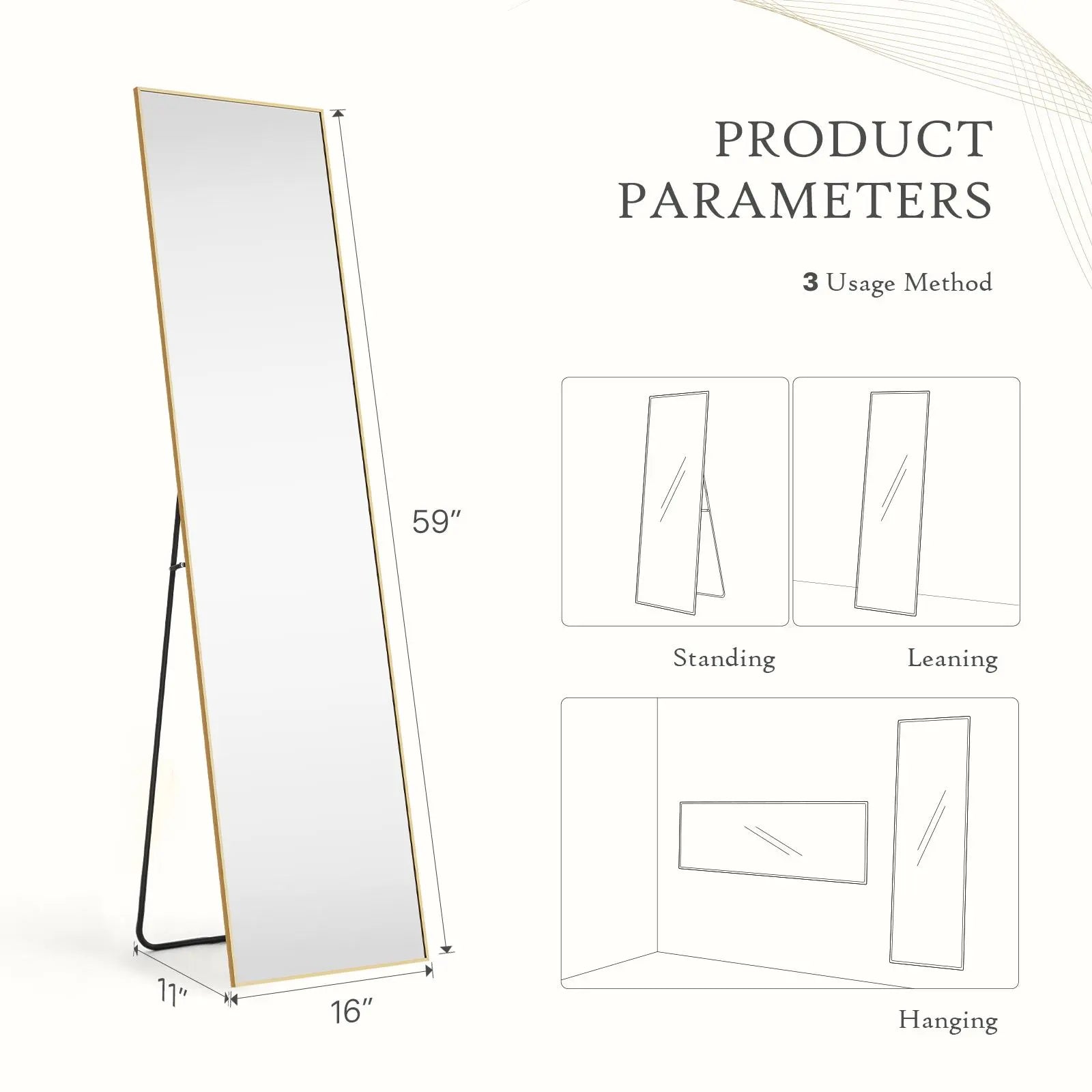 Full Length Mirror, Floor Standing Mirror with Stand, Wall Aluminum Alloy Thin Frame Hanging or Leaning for Living Room Bedroom Cloakroom Decorating