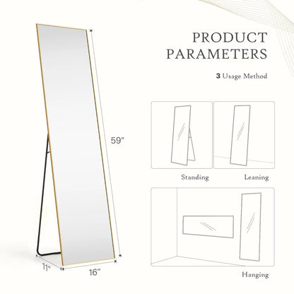 Full Length Mirror, Floor Standing Mirror with Stand, Wall Aluminum Alloy Thin Frame Hanging or Leaning for Living Room Bedroom Cloakroom Decorating