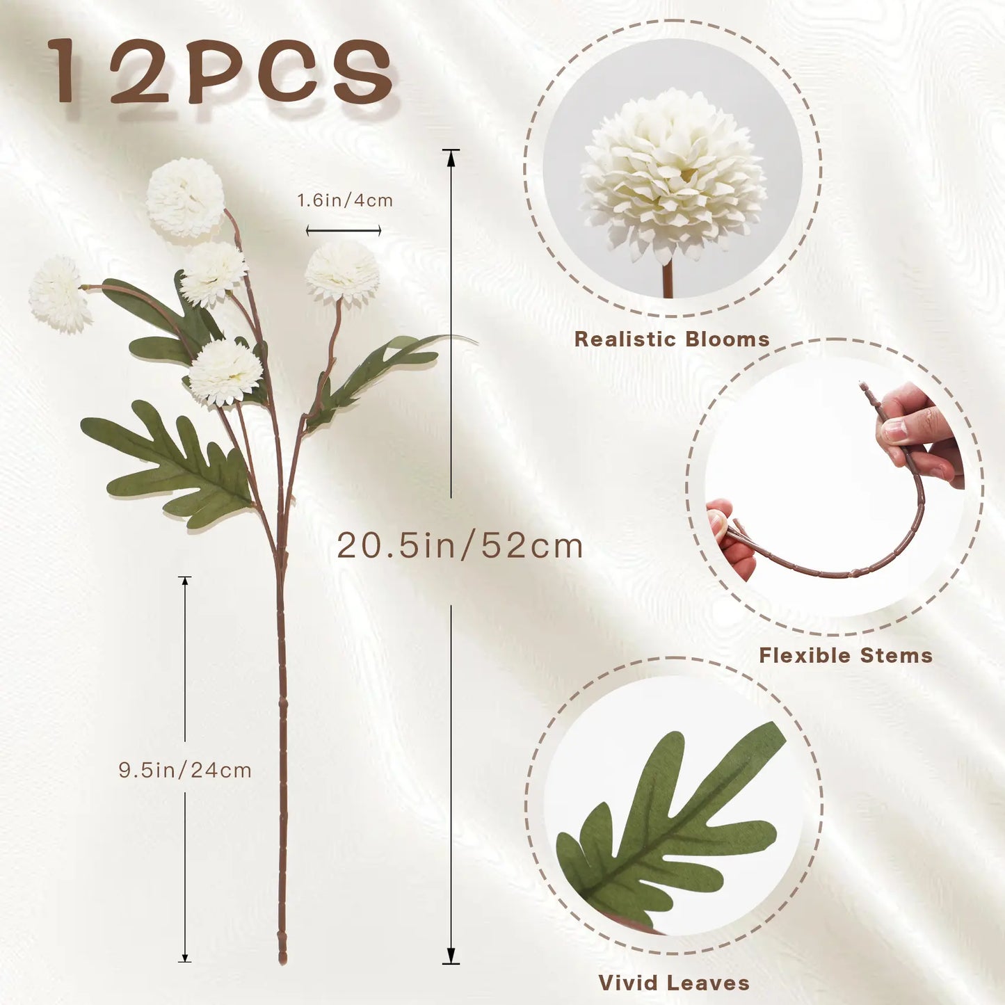 Senjie 12Pcs Spring Artificial Pom-Pom Flowers Snowball - Mothers Day Gifts Dandelion Bulk Faux Silk Blooms for DIY Bouquets, Wedding Centerpieces & Home Office