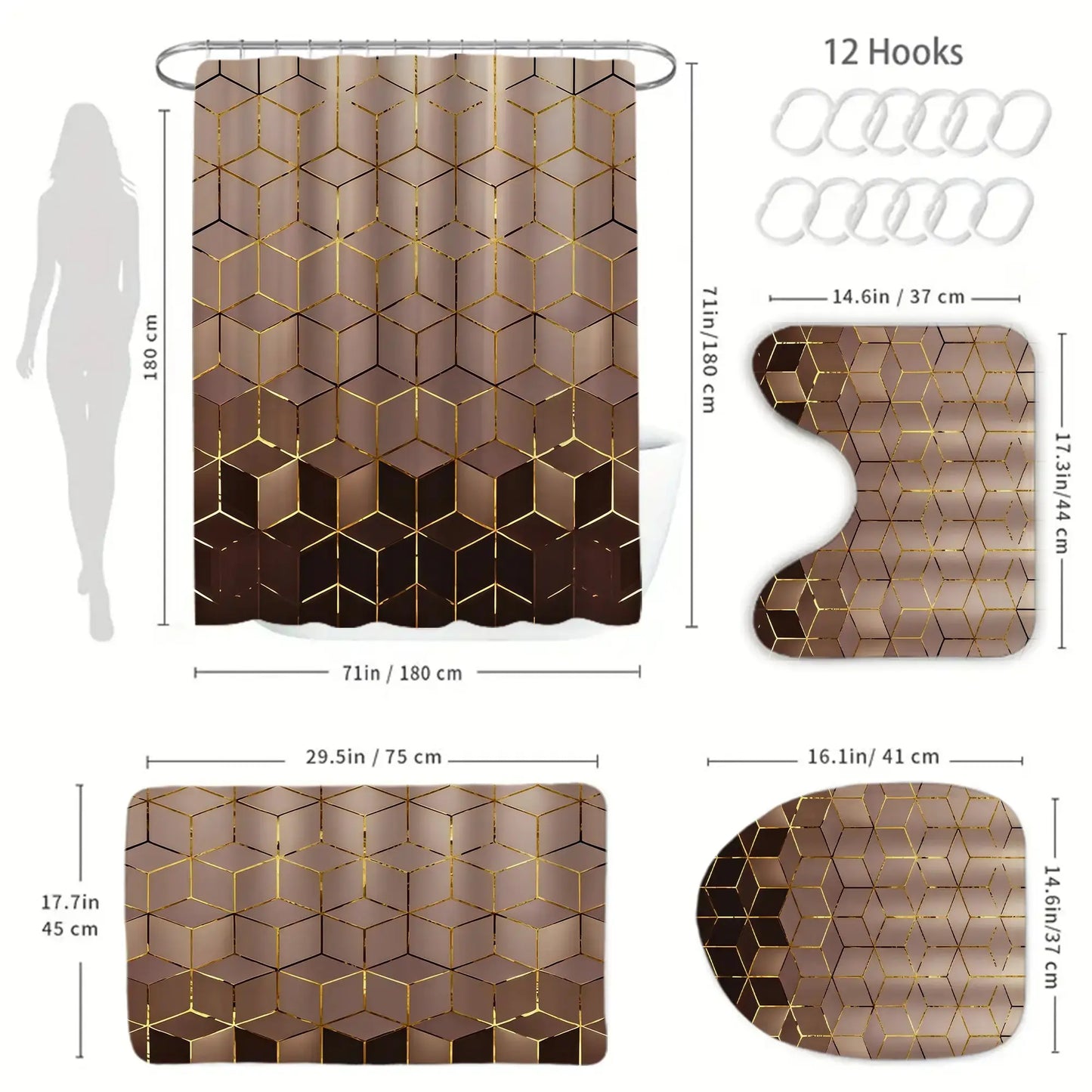 1/4 Piece Golden Cube Pattern Bathroom Set, Waterproof Shower Curtain with 12 Hooks, Non-Slip Bathroom Carpet, Toilet U-Shaped Cushion, Toilet Seat Cover Cushion, Bathroom Decoration, Bathroom Shower Curtain Set, Perfect Mobile Gift.