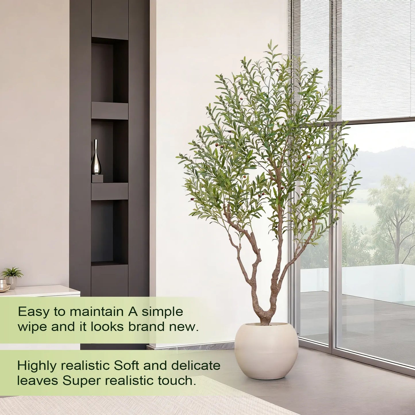 Exquisite Artificial Olive Tree, 7 Feet/8 Feet Tall, with a 16-Inch round White Pot, Decorated with Delicate Moss, Artificial Plants, a Natural Wood Trunk, and Lifelike Fruit. Ideal for Home and Office Decor.