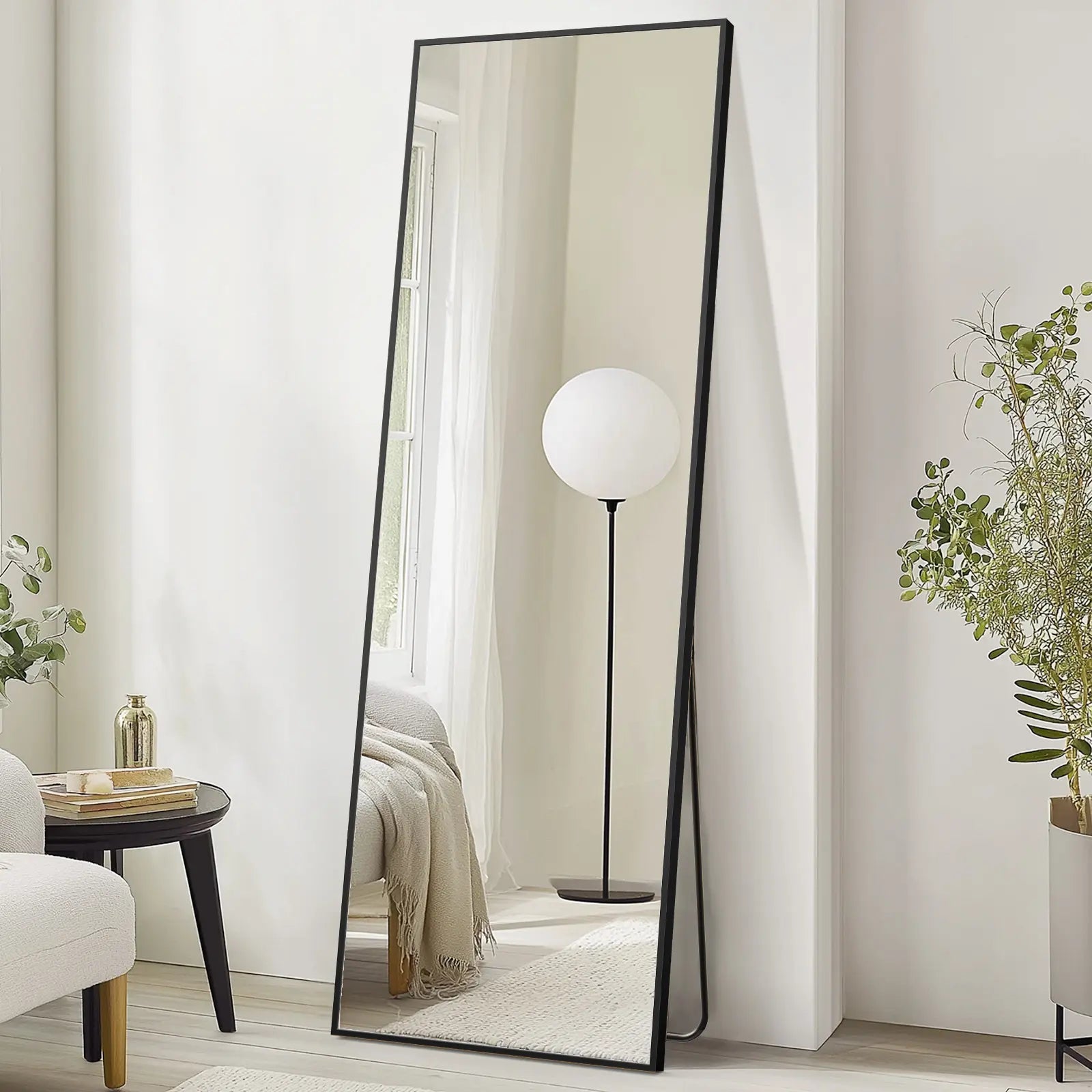 Full Length Mirror, Floor Standing Mirror with Stand, Wall Aluminum Alloy Thin Frame Hanging or Leaning for Living Room Bedroom Cloakroom Decorating