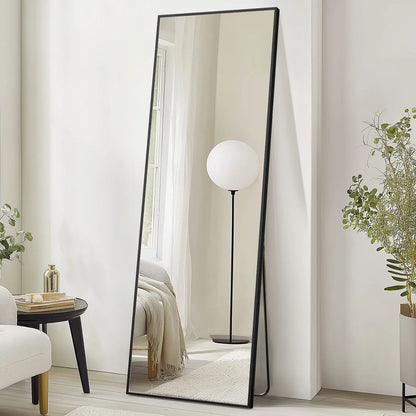 Full Length Mirror, Floor Standing Mirror with Stand, Wall Aluminum Alloy Thin Frame Hanging or Leaning for Living Room Bedroom Cloakroom Decorating