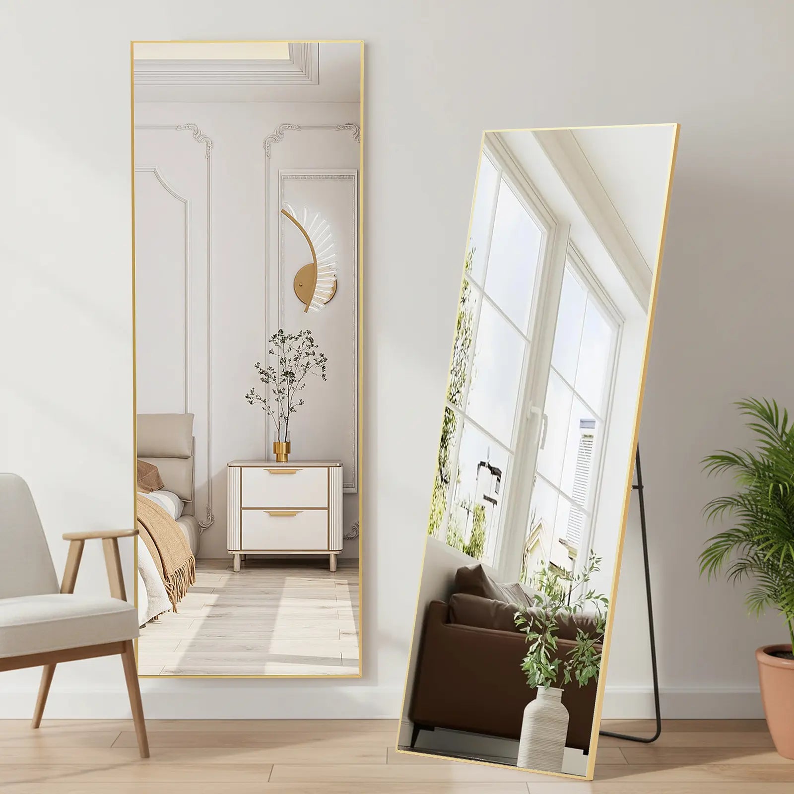 Full Length Mirror, Floor Standing Mirror with Stand, Wall Aluminum Alloy Thin Frame Hanging or Leaning for Living Room Bedroom Cloakroom Decorating