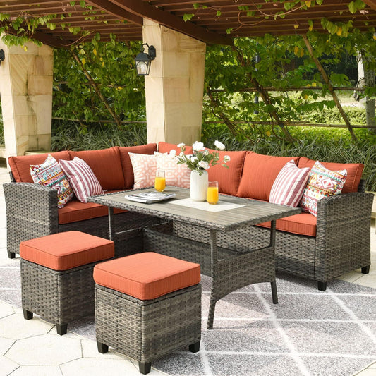 Patio Furniture Sets Patio Dining Set 5 Piece Wicker Patio Furniture Sets for 6 with Dining Table, Outdoor Furniture Sets Clearance (Orange Red)