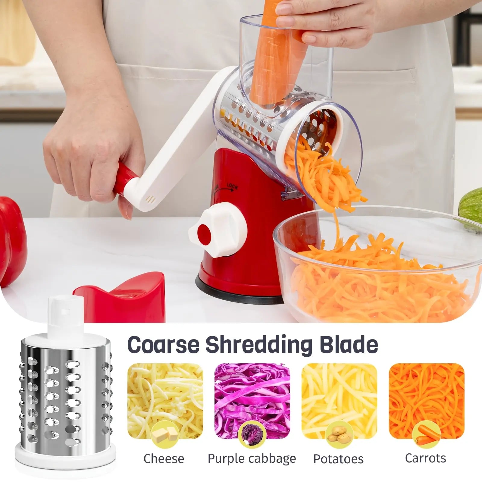 Rotary Cheese Grater with Handle Vegetable Shredder with 5 Well-Designed Blades & Strong Suction Base, round Mandoline Slicer & Food Chopper with Blade Storage Box (Red)