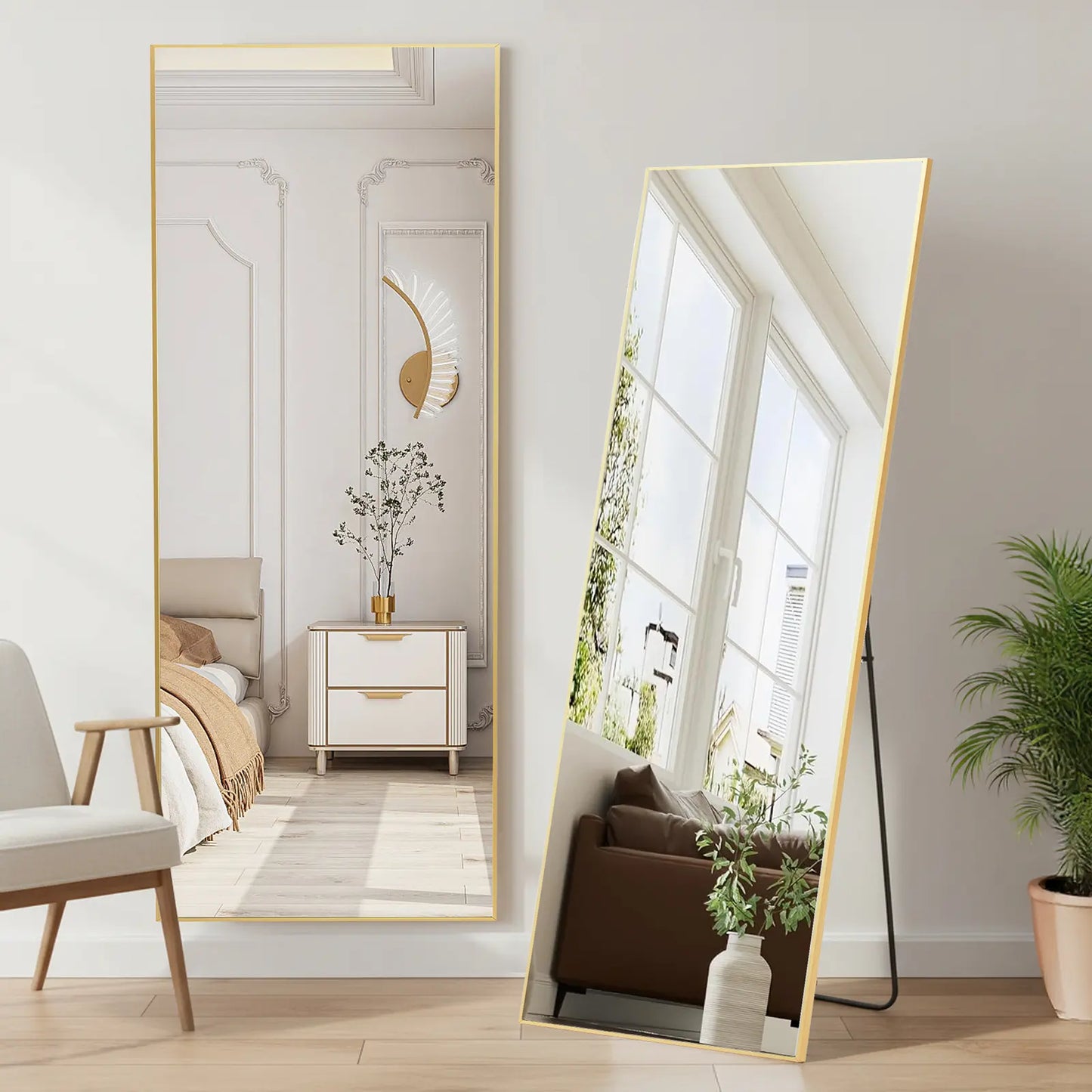 Full Length Mirror, Floor Standing Mirror with Stand, Wall Aluminum Alloy Thin Frame Hanging or Leaning for Living Room Bedroom Cloakroom Decorating