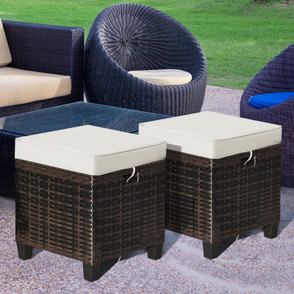 2PCS Patio Rattan Ottoman Cushioned Seat Foot Rest Coffee Table