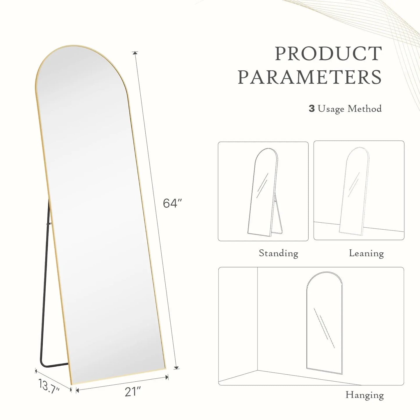 Full Length Mirror, Floor Standing Mirror with Stand, Wall Aluminum Alloy Thin Frame Hanging or Leaning for Living Room Bedroom Cloakroom Decorating