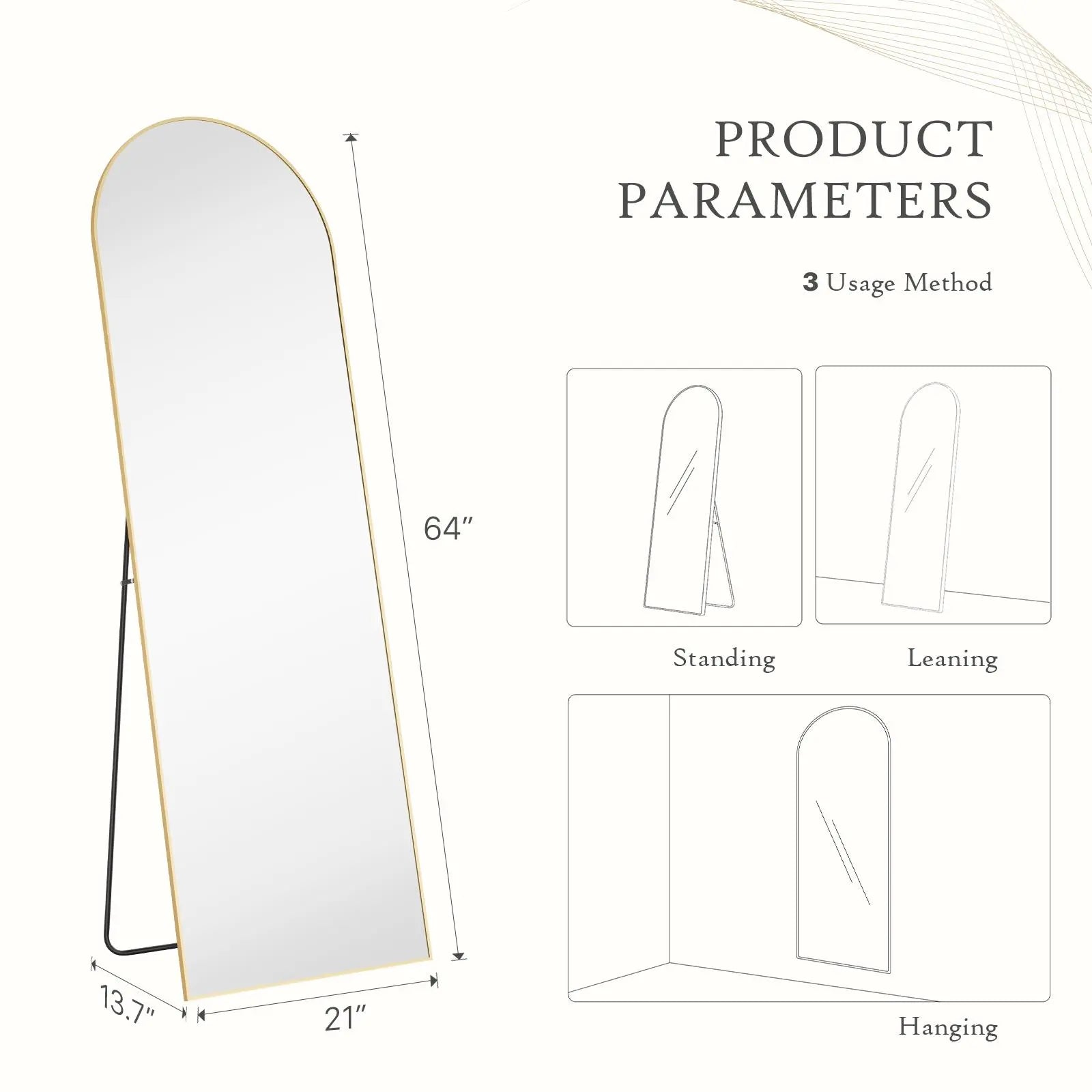 Full Length Mirror, Floor Standing Mirror with Stand, Wall Aluminum Alloy Thin Frame Hanging or Leaning for Living Room Bedroom Cloakroom Decorating