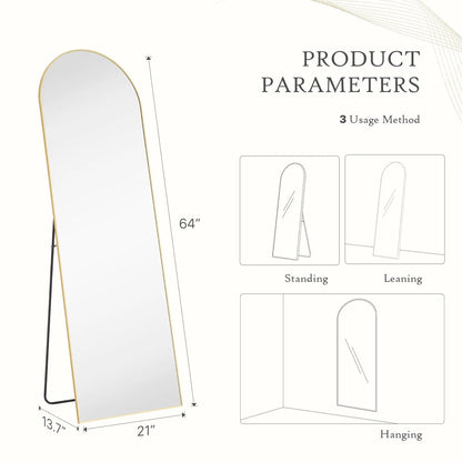 Full Length Mirror, Floor Standing Mirror with Stand, Wall Aluminum Alloy Thin Frame Hanging or Leaning for Living Room Bedroom Cloakroom Decorating