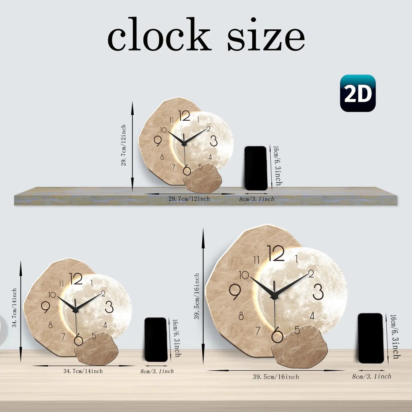 Creative Moon-Design Modern Silent Wall Clock, Decorative Clock for Home, Living Room, Bedroom & Office