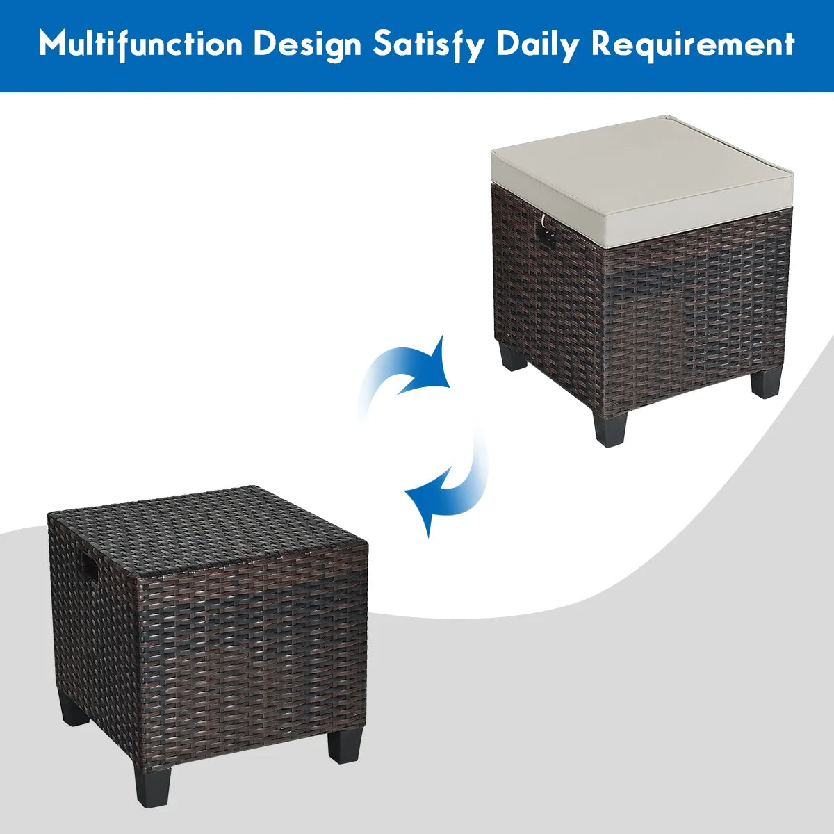 2PCS Patio Rattan Ottoman Cushioned Seat Foot Rest Coffee Table