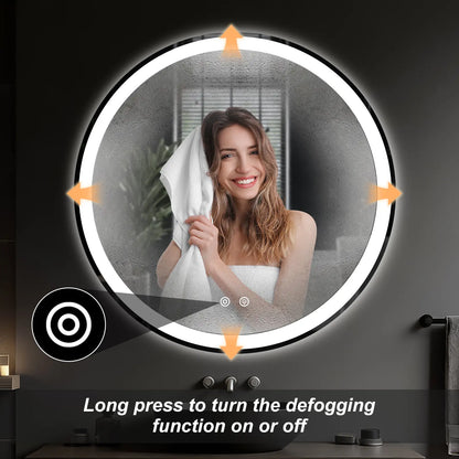 Round LED Bathroom Mirror with Lights, Circle Vanity Mirror with Anti-Fog, Dimmable, 3-Color Light, Memory Function, Tempered Glass