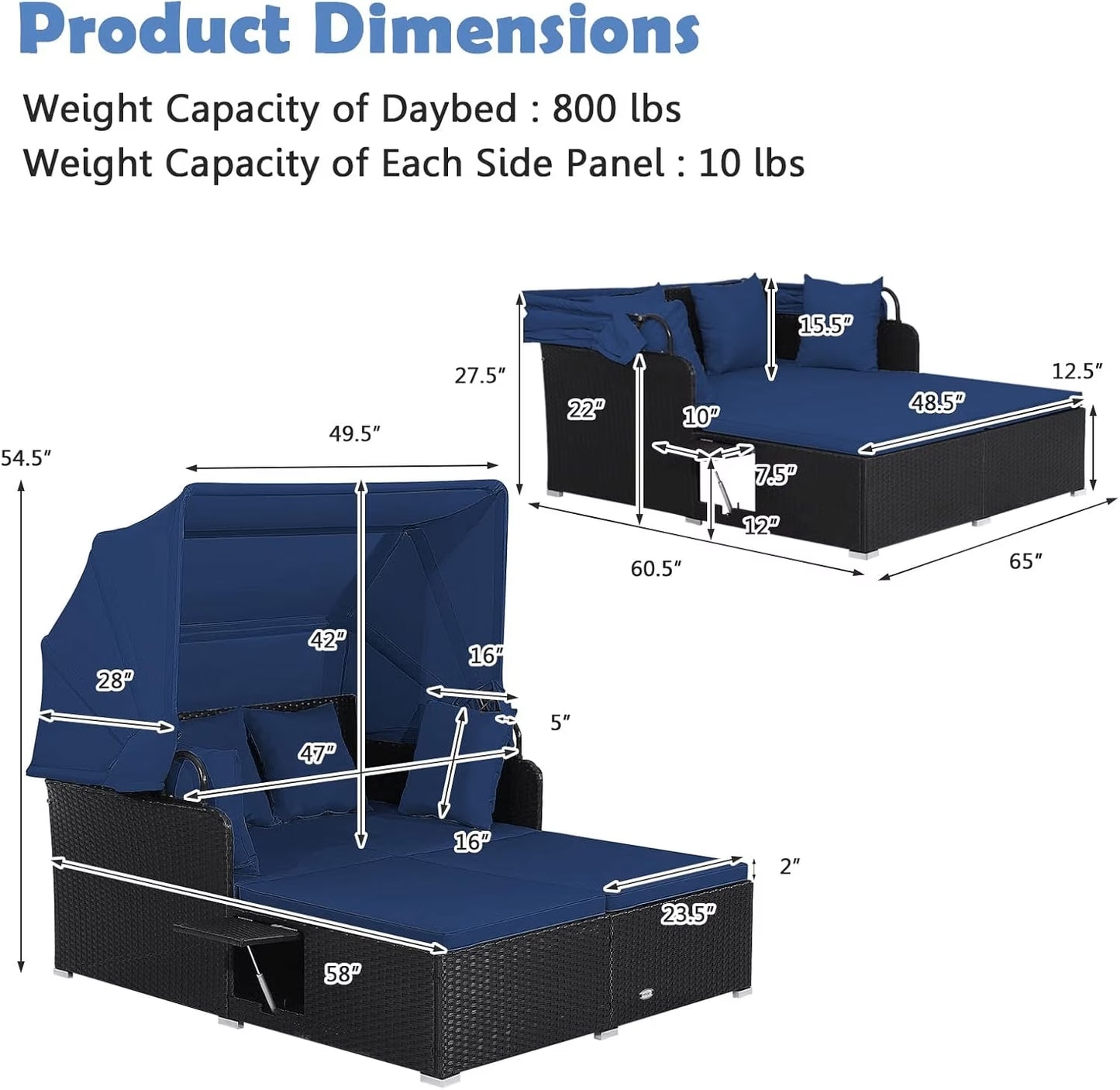Patio Rattan Daybed Lounge Retractable Top Canopy Side Tables Cushions Navy