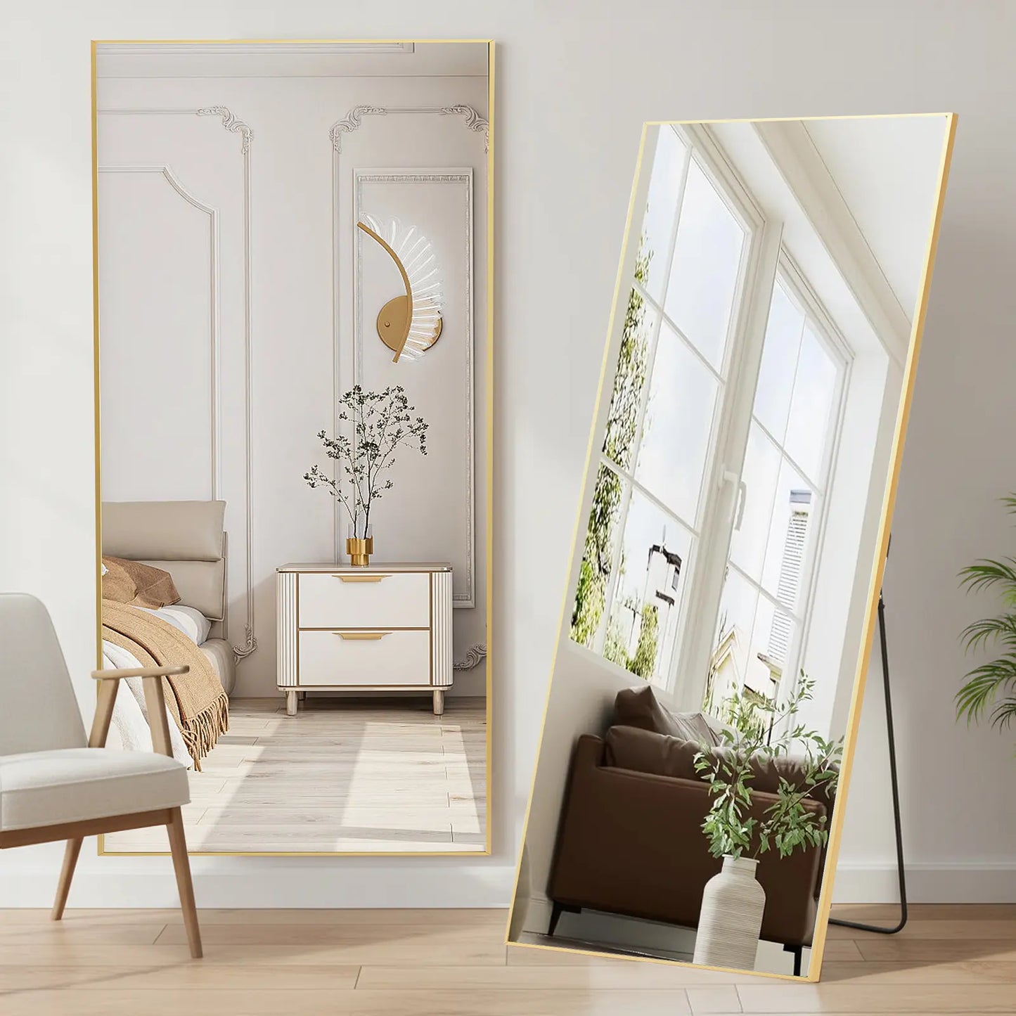 Full Length Mirror, Floor Standing Mirror with Stand, Wall Aluminum Alloy Thin Frame Hanging or Leaning for Living Room Bedroom Cloakroom Decorating