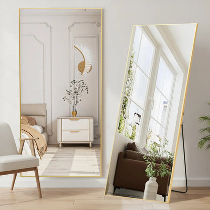 Full Length Mirror, Floor Standing Mirror with Stand, Wall Aluminum Alloy Thin Frame Hanging or Leaning for Living Room Bedroom Cloakroom Decorating