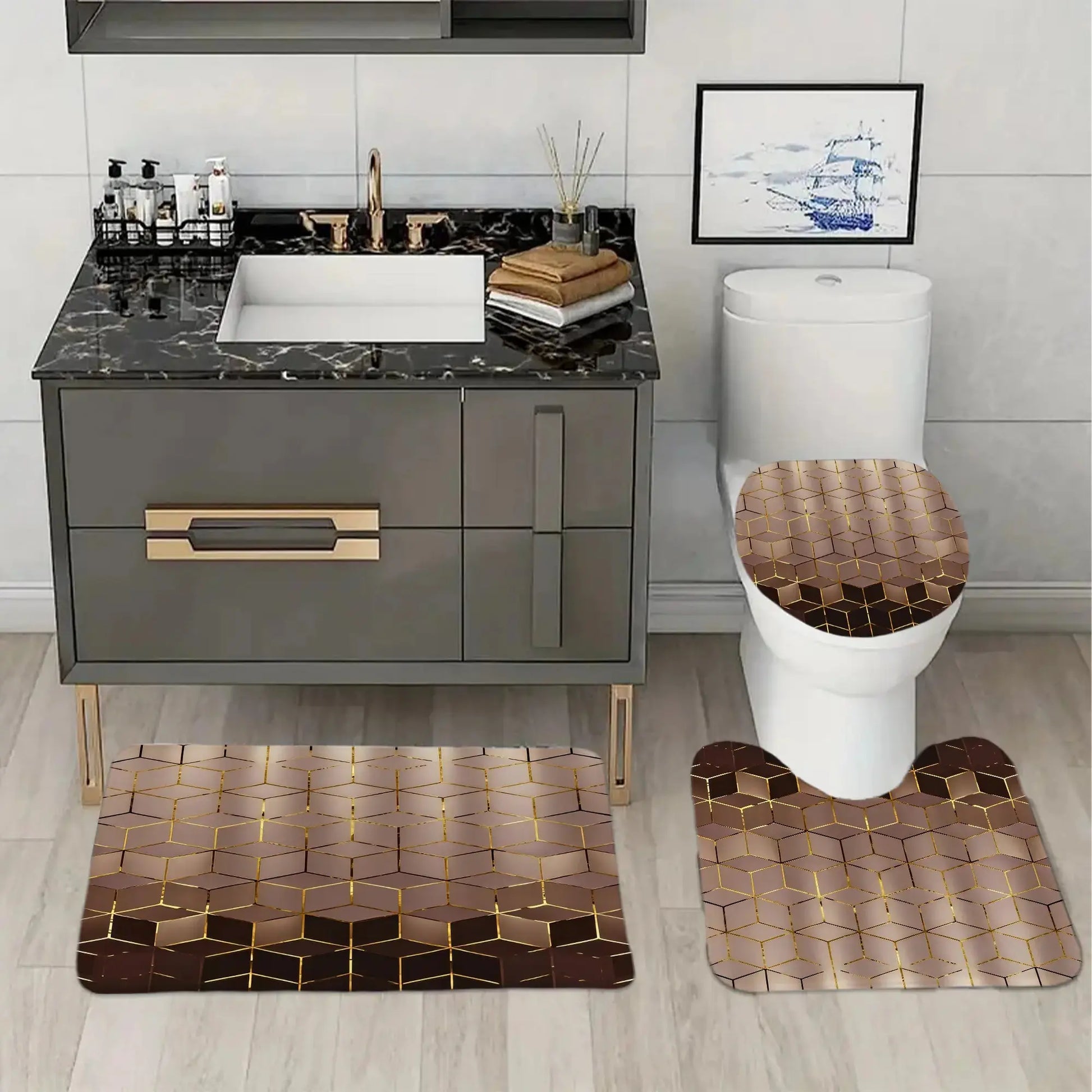 1/4 Piece Golden Cube Pattern Bathroom Set, Waterproof Shower Curtain with 12 Hooks, Non-Slip Bathroom Carpet, Toilet U-Shaped Cushion, Toilet Seat Cover Cushion, Bathroom Decoration, Bathroom Shower Curtain Set, Perfect Mobile Gift.