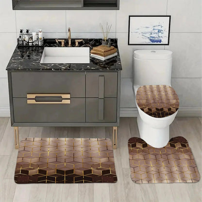 1/4 Piece Golden Cube Pattern Bathroom Set, Waterproof Shower Curtain with 12 Hooks, Non-Slip Bathroom Carpet, Toilet U-Shaped Cushion, Toilet Seat Cover Cushion, Bathroom Decoration, Bathroom Shower Curtain Set, Perfect Mobile Gift.