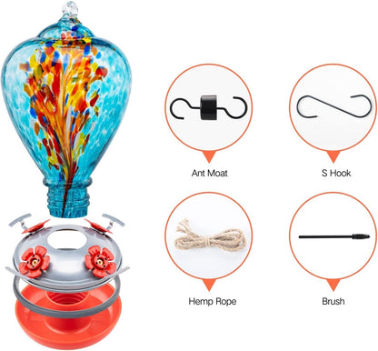 Hummingbird Feeders for Outdoors Hanging, Blown Glass Hummingbird Feeder Gifts for Women, Garden Decor Backyard Decor, Unique Gardening Gifts for Older Women, 34OZ, Comet