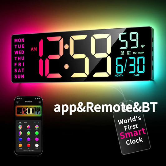 EASYERA 16.5" Smart Digital Wall Clock with App & Alexa via Wifi, Large RGBIC Wall Clock with Multiple DIY Color and Music Sync, LED Display, Auto DST, Plug-In Clocks for Classroom Home Gaming, Kitchen Craft Room, Game-Changer for Seniors & Elderly & Kids