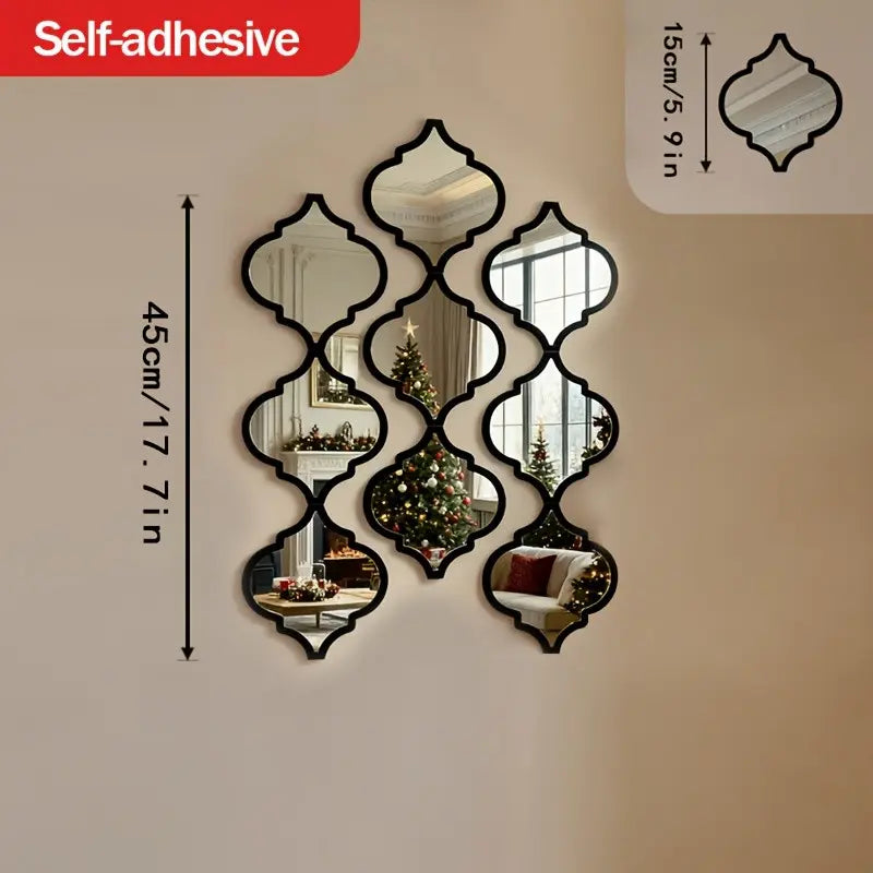 9Pcs Large Moroccan-Style Artistic Combination Decorative Wall Mounted Mirror | Classic Black, Wall Mount, Plastic Frame, Polished End - Ideal for Bathroom, Living Room, Hallway Decor, Decoration, Perfect Valentine'S Day Gift