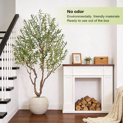 Exquisite Artificial Olive Tree, 7 Feet/8 Feet Tall, with a 16-Inch round White Pot, Decorated with Delicate Moss, Artificial Plants, a Natural Wood Trunk, and Lifelike Fruit. Ideal for Home and Office Decor.