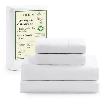LANE LINEN 100% Organic Cotton Percale Weave Sheets Set - 15" Deep Pocket Fitted Sheet, Breathable Bedding for Dorm Rooms, White Twin Size Bed Essentials