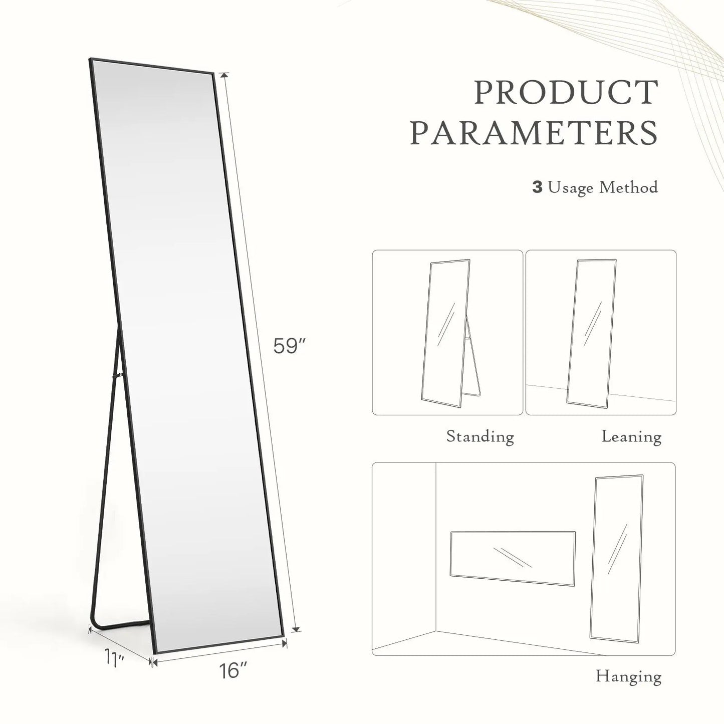 Full Length Mirror, Floor Standing Mirror with Stand, Wall Aluminum Alloy Thin Frame Hanging or Leaning for Living Room Bedroom Cloakroom Decorating