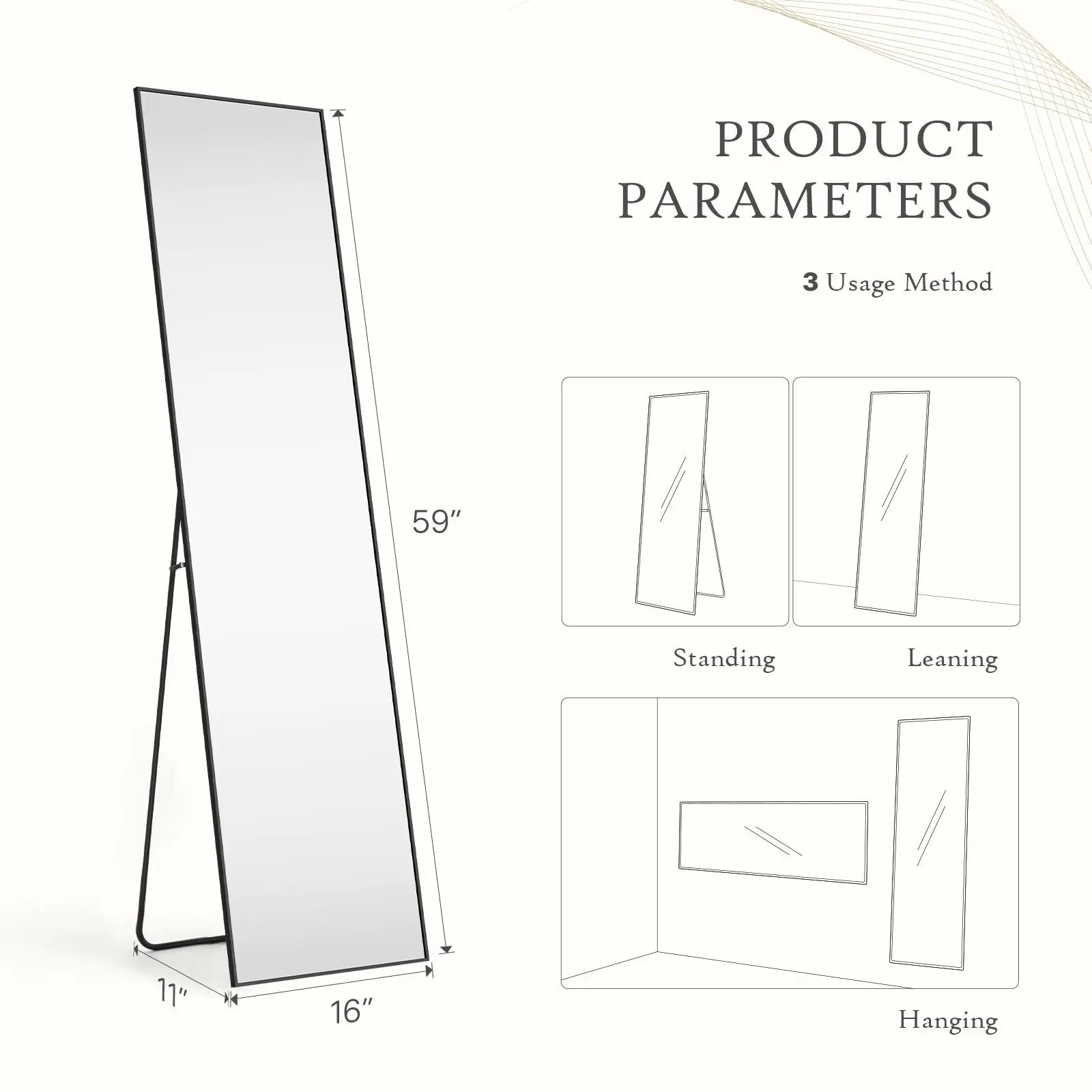 Full Length Mirror, Floor Standing Mirror with Stand, Wall Aluminum Alloy Thin Frame Hanging or Leaning for Living Room Bedroom Cloakroom Decorating