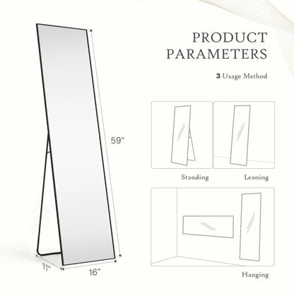 Full Length Mirror, Floor Standing Mirror with Stand, Wall Aluminum Alloy Thin Frame Hanging or Leaning for Living Room Bedroom Cloakroom Decorating