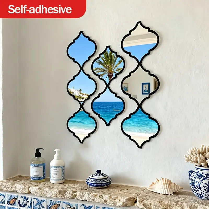 9Pcs Large Moroccan-Style Artistic Combination Decorative Wall Mounted Mirror | Classic Black, Wall Mount, Plastic Frame, Polished End - Ideal for Bathroom, Living Room, Hallway Decor, Decoration, Perfect Valentine'S Day Gift