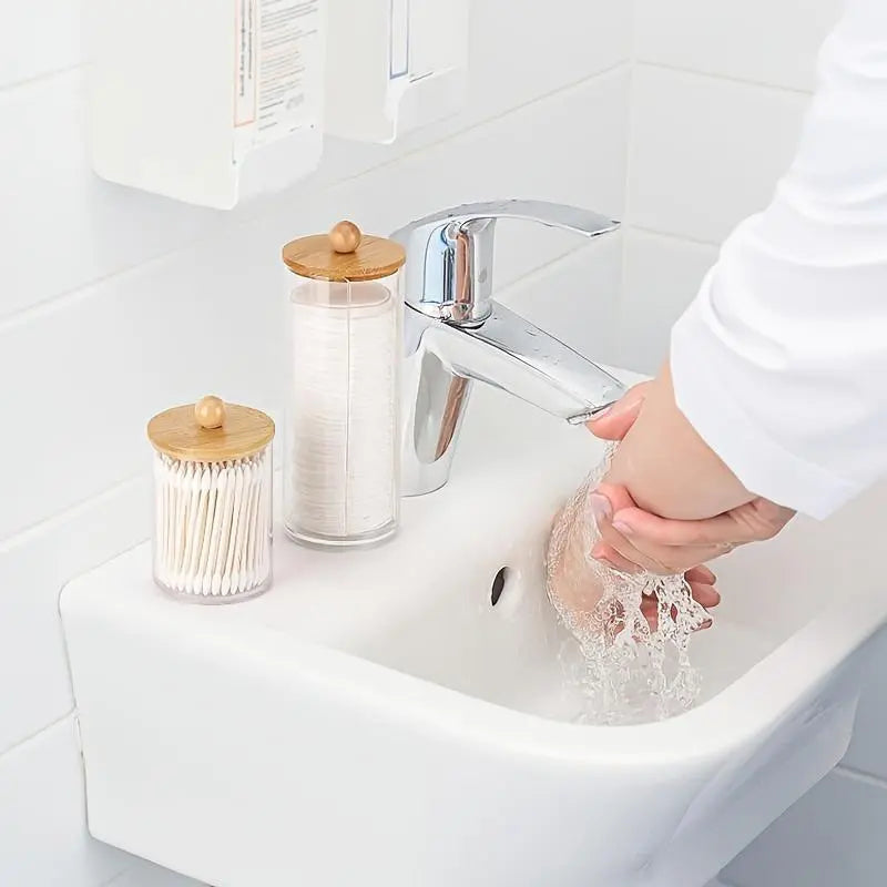 Clear Storage Jar with Wooden Lid, 3 Counts/1 Set Cotton Swab Storage Box, Bathroom Storage Container for Cotton Swab, Cotton Ball, Floss Picks