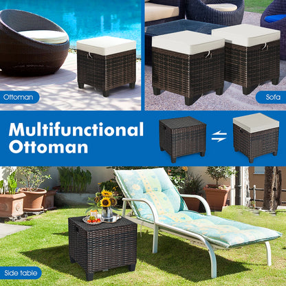 2PCS Patio Rattan Ottoman Cushioned Seat Foot Rest Coffee Table