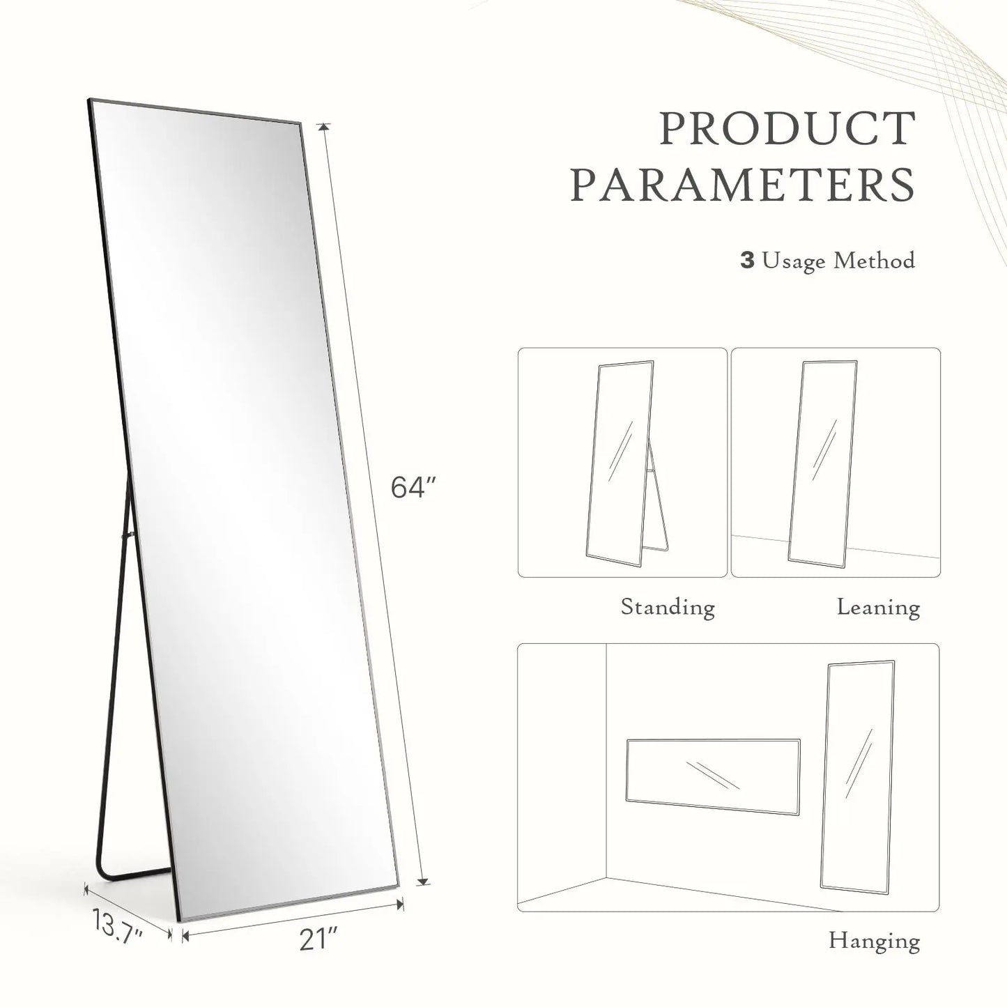 Full Length Mirror, Floor Standing Mirror with Stand, Wall Aluminum Alloy Thin Frame Hanging or Leaning for Living Room Bedroom Cloakroom Decorating