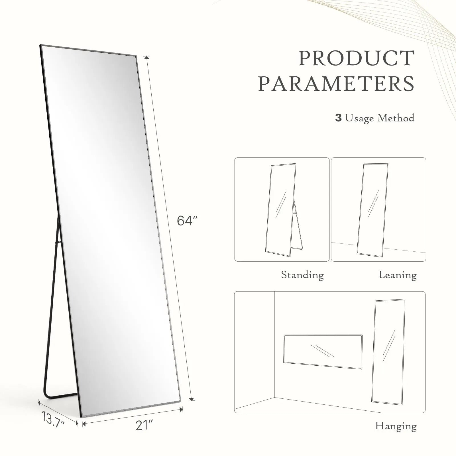 Full Length Mirror, Floor Standing Mirror with Stand, Wall Aluminum Alloy Thin Frame Hanging or Leaning for Living Room Bedroom Cloakroom Decorating