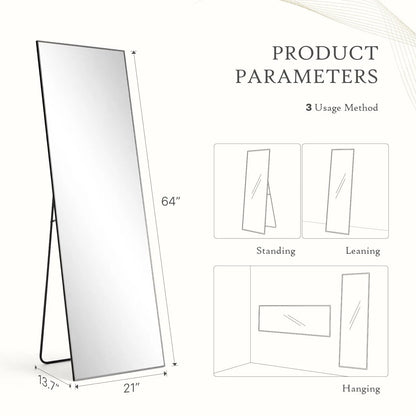 Full Length Mirror, Floor Standing Mirror with Stand, Wall Aluminum Alloy Thin Frame Hanging or Leaning for Living Room Bedroom Cloakroom Decorating