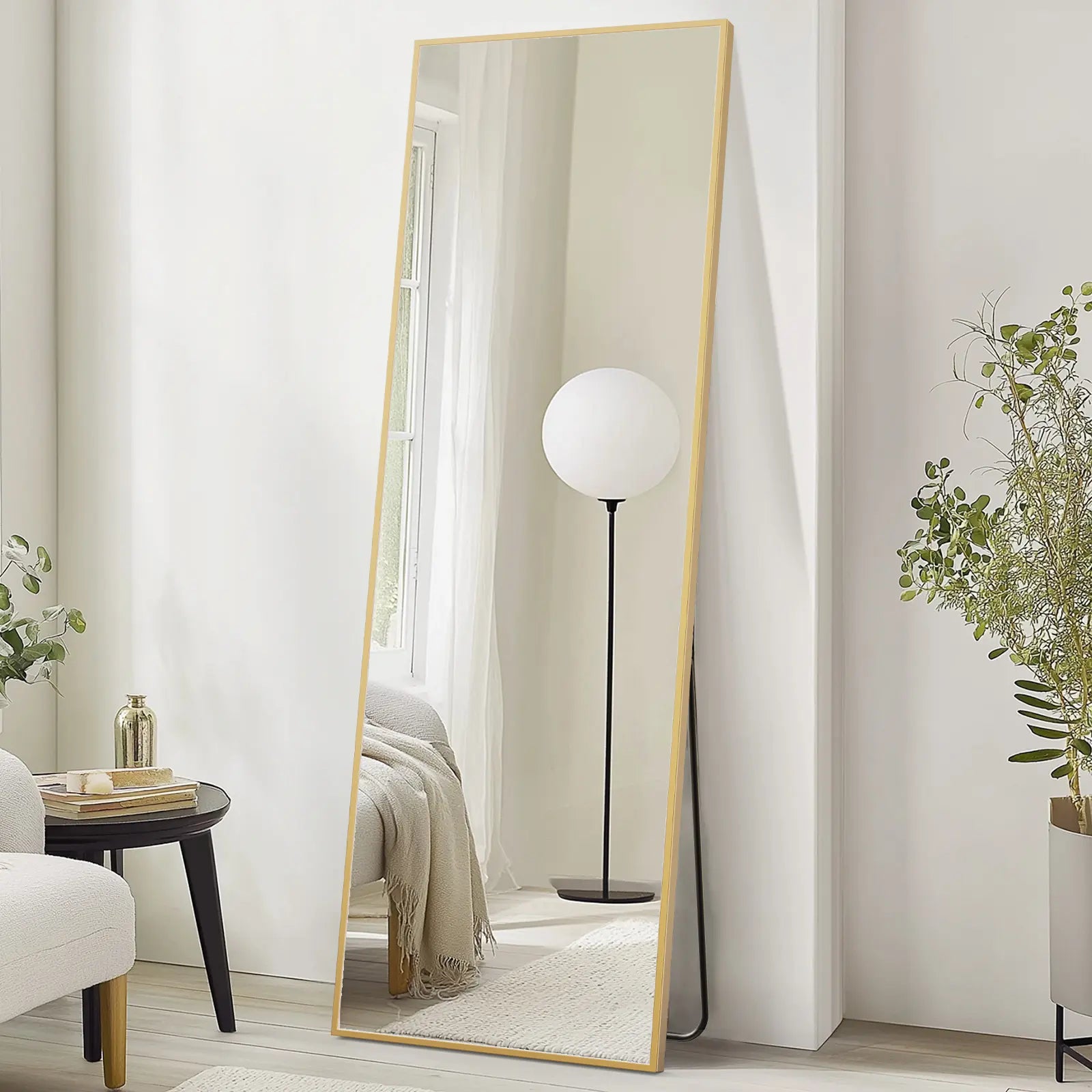 Full Length Mirror, Floor Standing Mirror with Stand, Wall Aluminum Alloy Thin Frame Hanging or Leaning for Living Room Bedroom Cloakroom Decorating
