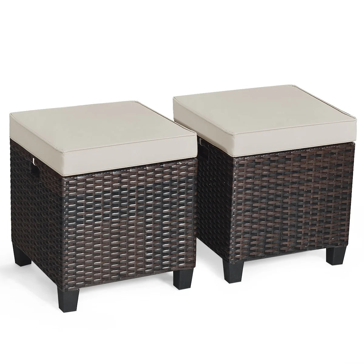 2PCS Patio Rattan Ottoman Cushioned Seat Foot Rest Coffee Table
