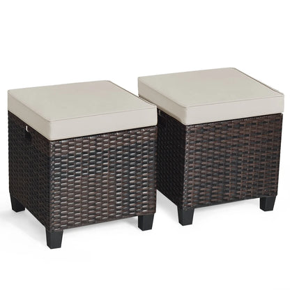 2PCS Patio Rattan Ottoman Cushioned Seat Foot Rest Coffee Table