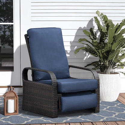 Wicker Outdoor Patio Adjustable Recliner Chair with Navy Blue Cushion