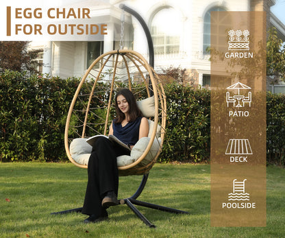 Indoor Outdoor Swing Egg Chair with Stand, Patio Wicker Hanging Egg Basket Chair with Soft Cushion 350LBS Capacity Yellow&Beige