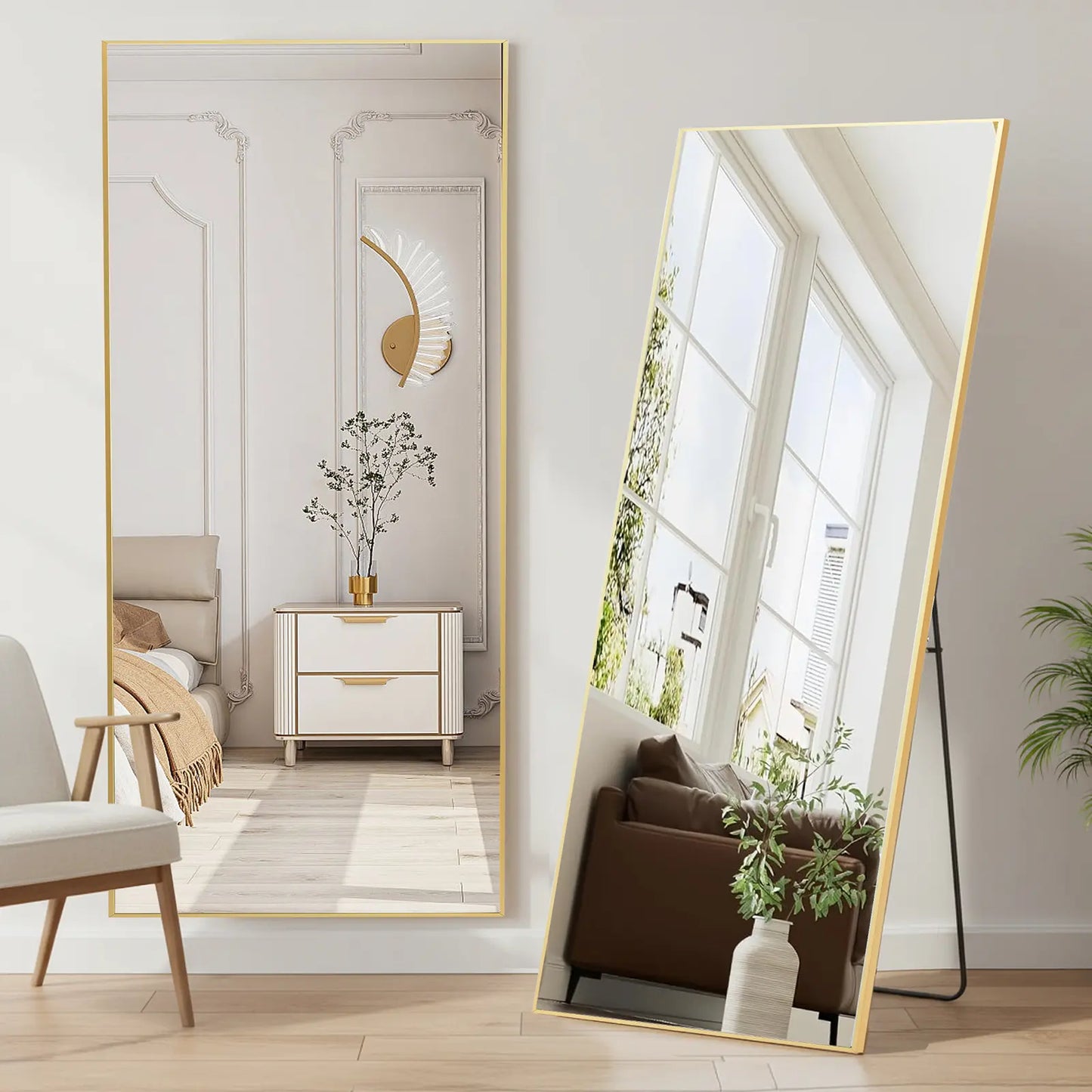 Full Length Mirror, Floor Standing Mirror with Stand, Wall Aluminum Alloy Thin Frame Hanging or Leaning for Living Room Bedroom Cloakroom Decorating