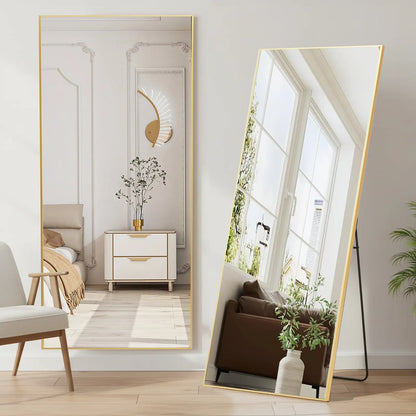 Full Length Mirror, Floor Standing Mirror with Stand, Wall Aluminum Alloy Thin Frame Hanging or Leaning for Living Room Bedroom Cloakroom Decorating